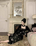 2-Piece Dark Fairy Butterfly Embroidered Velvet Dress with Choker