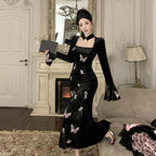2-Piece Dark Fairy Butterfly Embroidered Velvet Dress with Choker