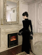 2-Piece Dark Fairy Butterfly Embroidered Velvet Dress with Choker